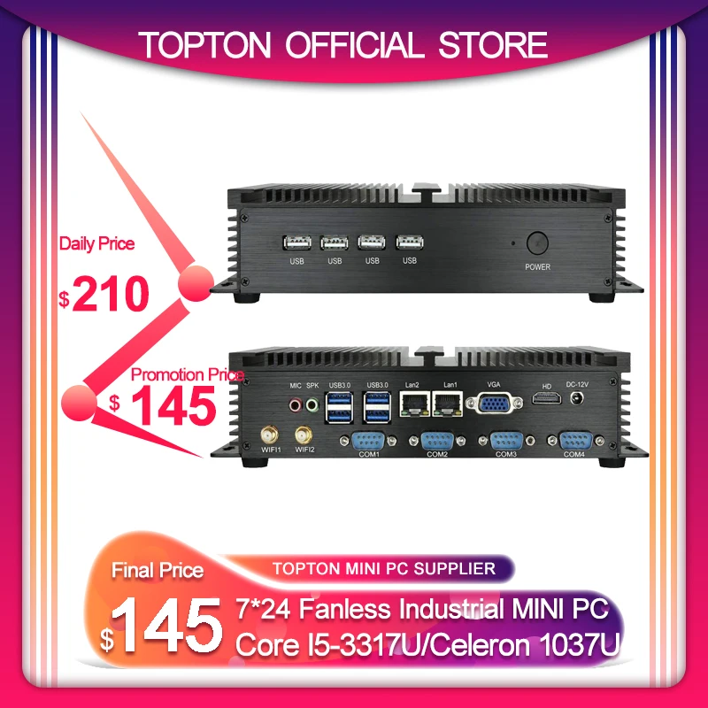 Topton безвентиляторный промышленный Мини ПК Windows XP/7/10 Intel i5 3317U 1037U Dual Nics 4 * RS232