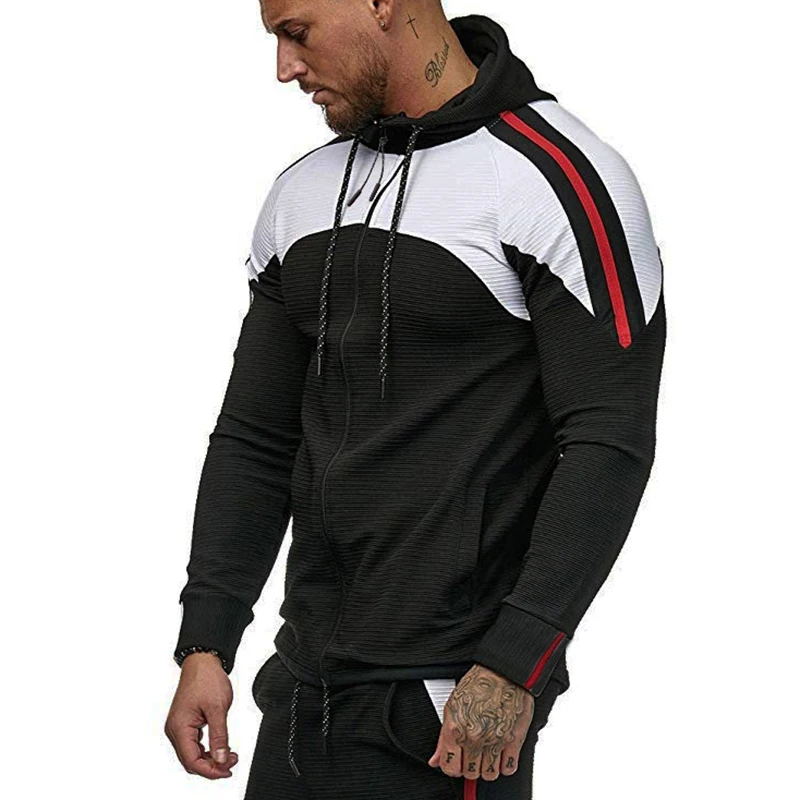 Black Hoodie Men Мужские толстовки Мода 3D полосатая куртка на молнии Боковой трек тонкая толстовка с длинными рукавами для мужчин сплошной цвет спортивный костюм хип хоп - Цвет: Black Hoodie Men