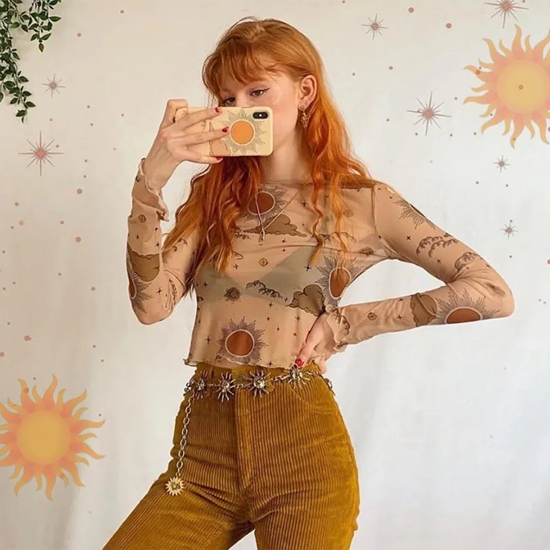 

Женская футболка, привлекательная женская футболка, прозрачные сетчатые топы, Прозрачная облегающая женская футболка с длинным рукавом и круглым вырезом, топ с солнцем и луной