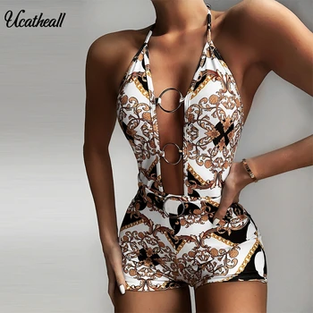 

Sexy Women Ladies Deep V Neck Clubwear Playsuit Sleeveless Print Bodycon Party Jumpsuit Hollow Out Skinny Romper Woman Jumpsuits