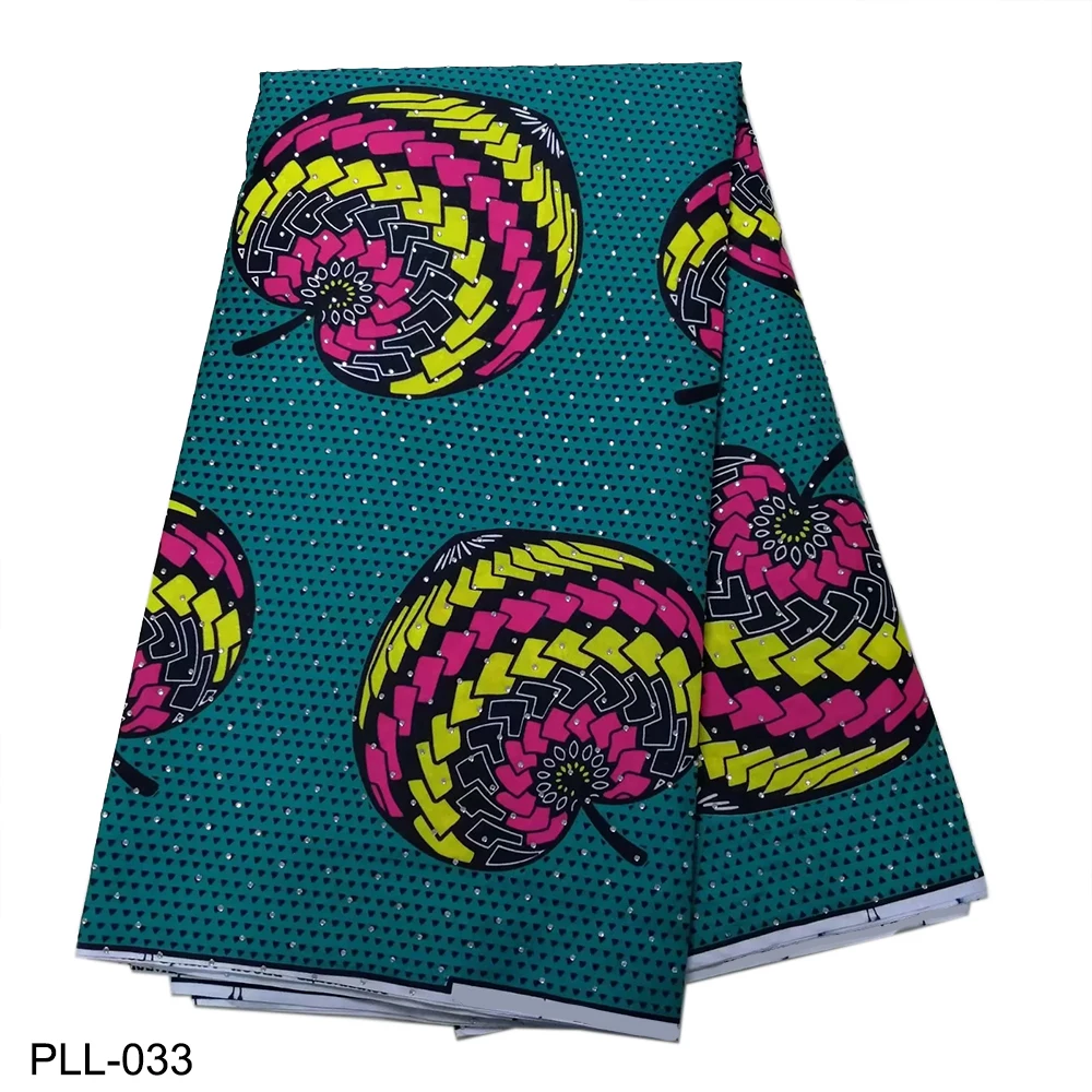 

2019 Fashion Ankara printing wax fabric 6 yards polyester African wax fabric with glitter stones for clothing PLL019-035