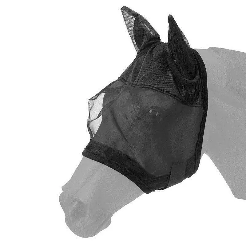 Fly маска полная маска лошади тонкая сетка УФ Защита с ушами Equine длинный нос дышащий черный
