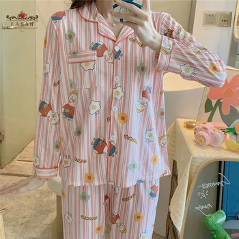 

Women Pajamas Sets Nightgowns Suits for Female Sleepwear Long Sleeve Pants Autumn Winter Casual Cartoon Cute Loose 2Pcs Homewear