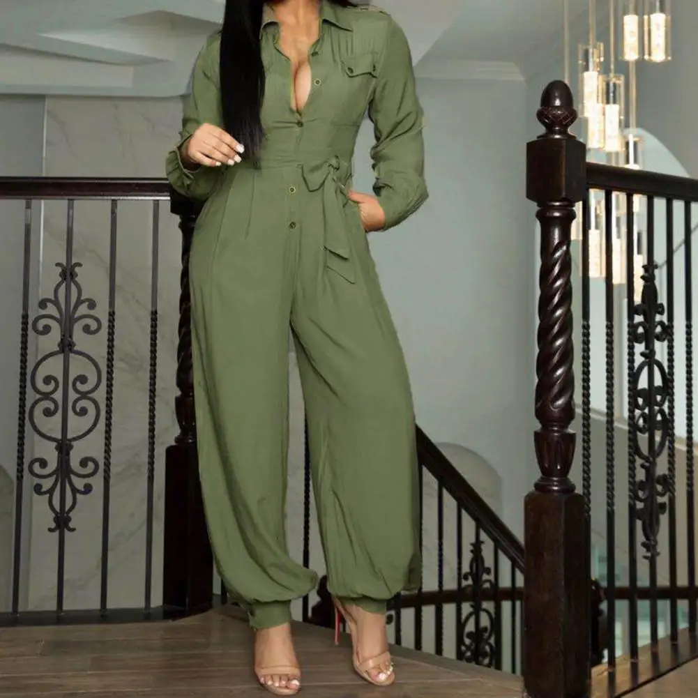 Temperament  Elegant Lapel Full Length Jumpsuit Autumn Women Jumpsuit Single Breasted   for Office