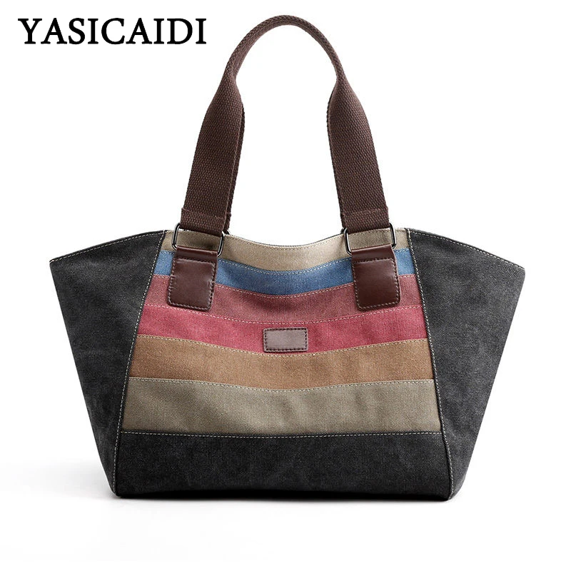 

YASICAIDI Canvas Panelled Women Handbags Portable Casual Tote Top-Handle Ladies Hand Bags Teenager Shoulder Bag sac main femme