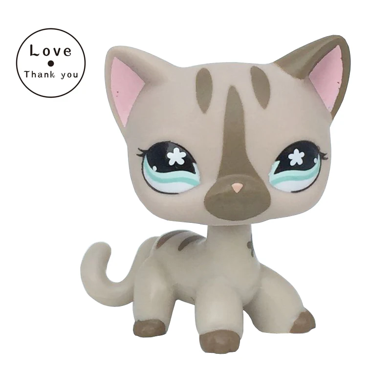 Littlest Pet Shop Short Hair Cat Pink Ears Gray Striped LPS Toy #1024 #468 