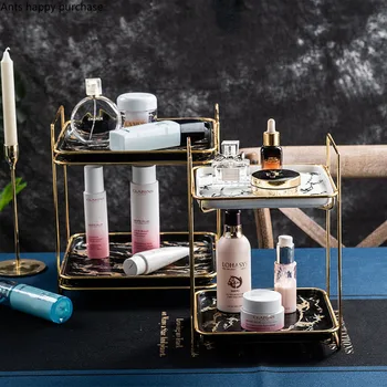 

Nordic Iron Frame Ceramics Storage Tray Cake Dessert Double-layer Plate Square Toiletries Dressing Table Jewelry Storage Rack