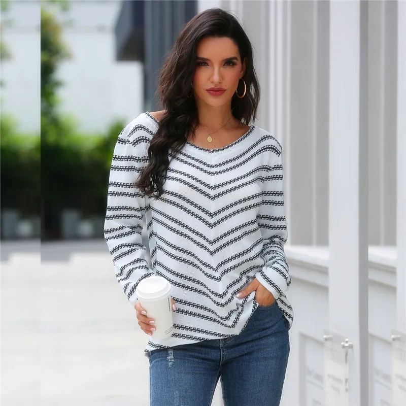 

NEW Women Striped Sweater Pullover Knit Winter Sweaters V-neck Female 2020 Fall White Clothing Sleeve Beachwear Casual Oversized