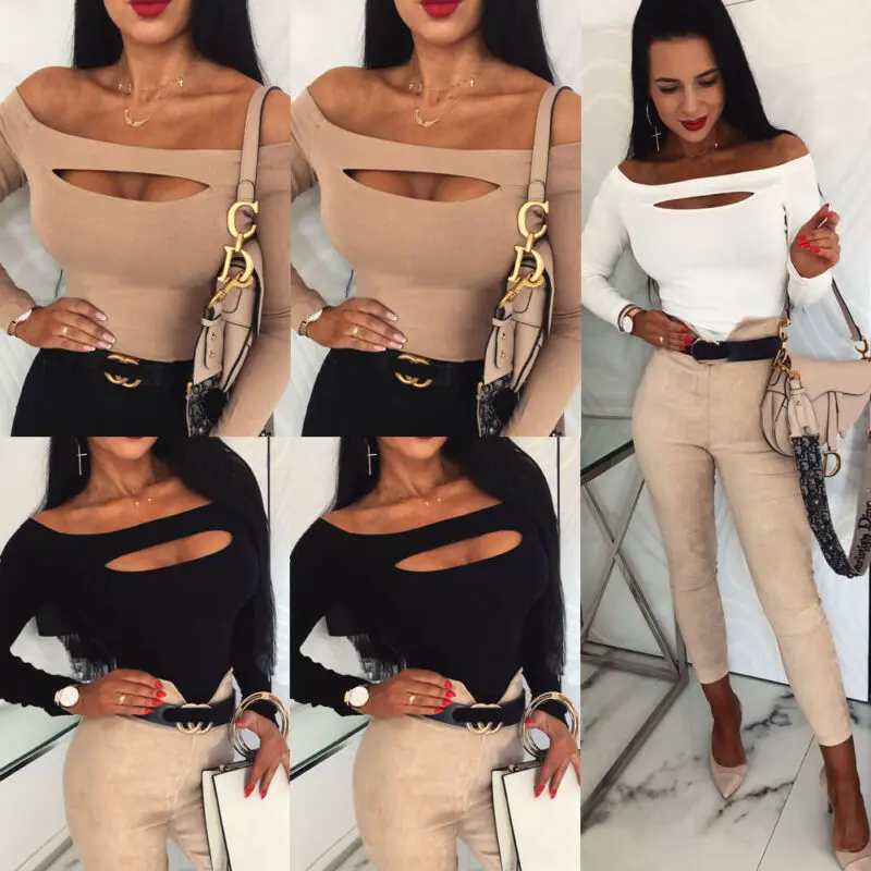 Fashion Women Sexy Off Shoulder Tops Ladies Casual Slim Fit Tee Plain Stretch Bardot Hollow Out Long Sleeve T-Shirt Pullover