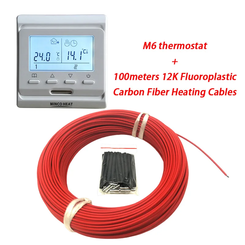 100 м 12 к фторопласт с термостатом может быть отправлен из России Красный Инфракрасный углеродный волоконный теплый пол нагревательный кабель Minco Heat - Цвет: 100m and M6