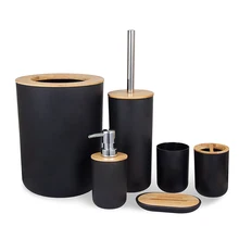 Bathroom Accessories Set 6 Pieces Bamboo Room Set Toothbrush Holder Soap Dispenser Toilet Brush Trash Can Bathroom Essential Set