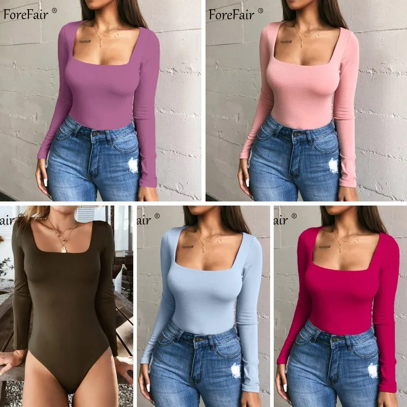 Forefair сексуальный костюм в обтяжку с длинным рукавом квадратная шея оболочка открытая промежность основной белый черный красный комбинезон женский боди Топ