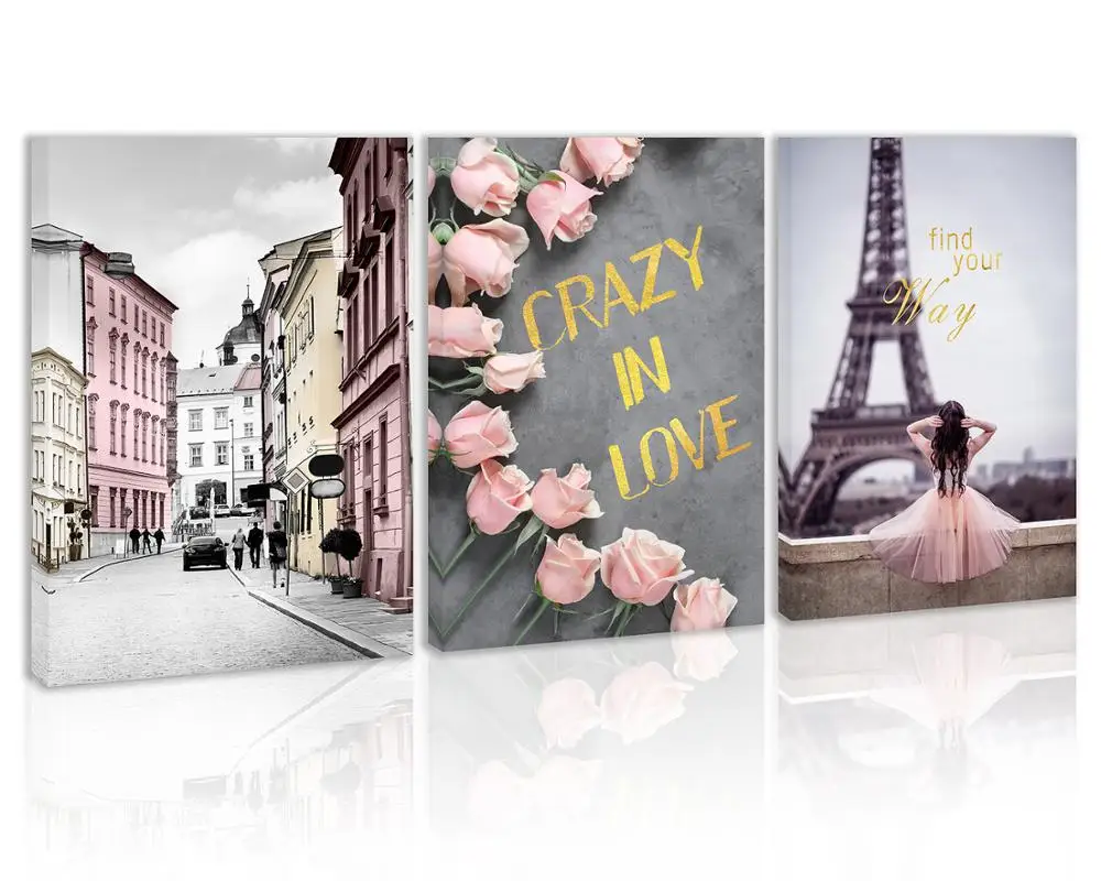 

Girl Eiffel Tower Wall Art Decor Pink Rose Canvas Painting Kitchen Street Building Prints Pictures for Home Living Dining Room