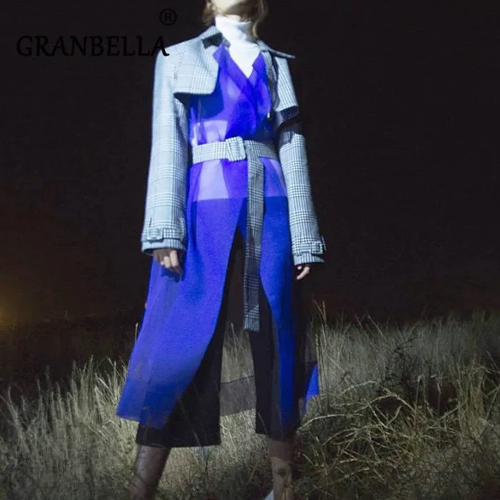 

2019 New Hot Organza Mesh Patchwork Plaid Windbreaker Streetwear Full Sleeve Turn-down Collar Long Female Trench Coat