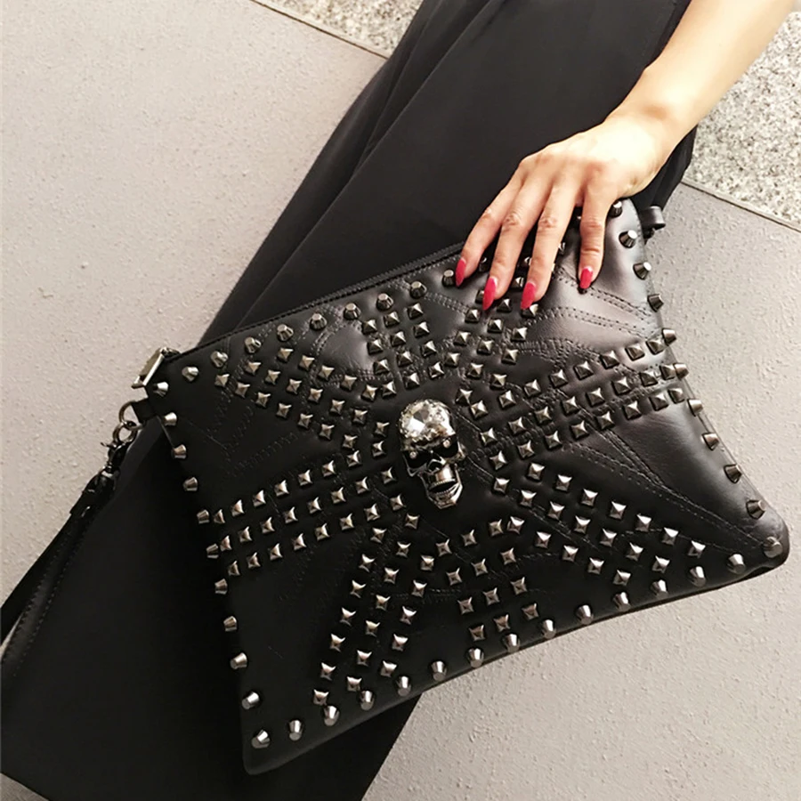 Fashion Skull Women Messenger Bag Rivet Envelope Mini Clutch Cross Small Handbag shopping Mini Black Beach Bag