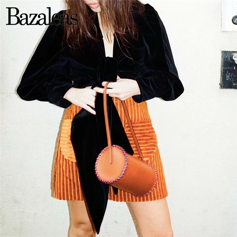 Bazaleas Vintage Turn Down tops Retro Velvet Navy Women blouse Waist Bandage Cross blusas mujer de moda