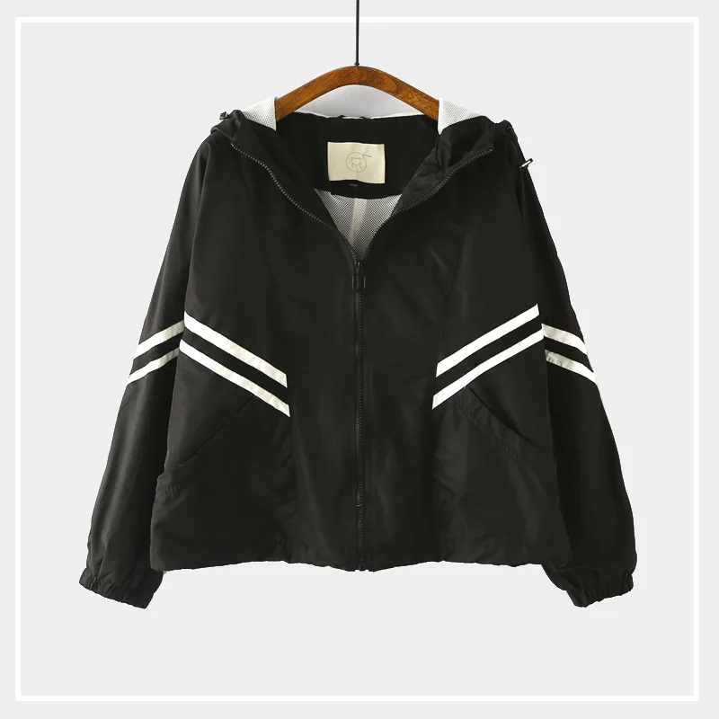 

Gv34 Spring Clothing Sporty Short Jacket WOMEN'S Dress Oblique Double Thin Strips Hooded Coat Black/white