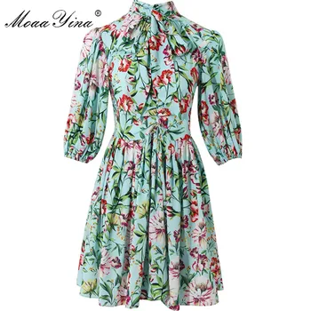 

MoaaYina Fashion Runway Summer Dress Flower Print Lantern Sleeve Women's Bow Collar Ruched Slim Party Vacation Dresses