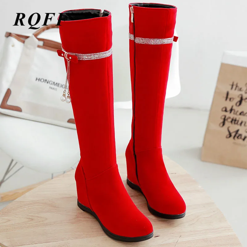 Пикантные модные зимние сапоги до колена; женская обувь на каблуке 6 см; большие размеры 33-43; однотонные Сапоги на молнии; цвет красный, черный; обувь, увеличивающая рост