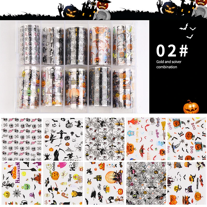 Kalvaro 10 Rolls Holographic Nail Transfer Paper Halloween Nail Decals Adhesive Foils Nail Art Stickers 3D Manicure Decoration - Color: 2