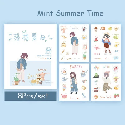 8 Pcs/Set Kawaii Sticker Girls Series Stickers Daily life Envelope Sticker Japan Style Stationery Sticker Journal DIY Material - Цвет: Mint Summer Time