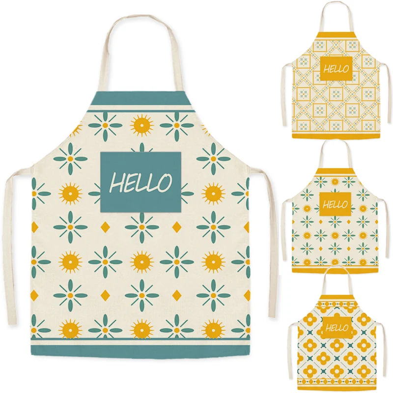 

Geometric Yellow Flowers Sun Cotton Linen Woman Adult Bibs with Pocket Home Cooking Baking Cleaning Aprons Kitchen Accessory