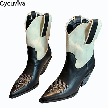 

Western Style Embroidery Mid Calf Boots Women Chunky Heel Short Boots Leather Denim Patchwork Winter Shoes Cowboy Botas Mujer