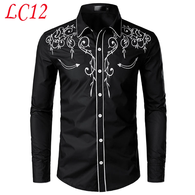 Camisa vaquera occidental para hombre, camisa masculina de manga larga con diseño de marca bordado, corte ajustado, informal, para fiesta de boda