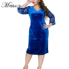 MISSJOY Осенняя блузка с v-образным вырезом элегантные вечерние миди платье Для женщин зимнее кружевное лоскутное платье размера плюс, однотонные Цвет прямые Повседневное Femme синий