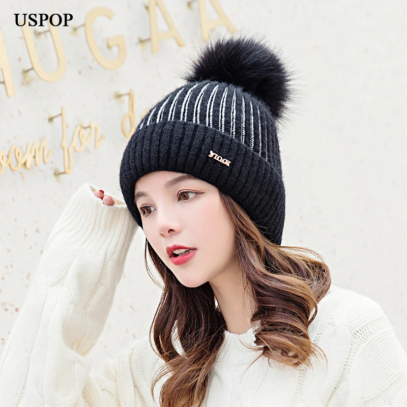 USPOP, новинка, модные зимние шапки skullies, женские вязаные шапки с помпонами, женские толстые теплые шапки