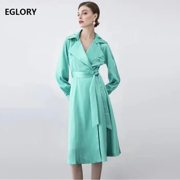 

2019 Autumn Fashion Long Coat Trench Women Turn-down Collar Double Breasted Adjustable Belt Long Sleeve Dark Blue Green Overcoat