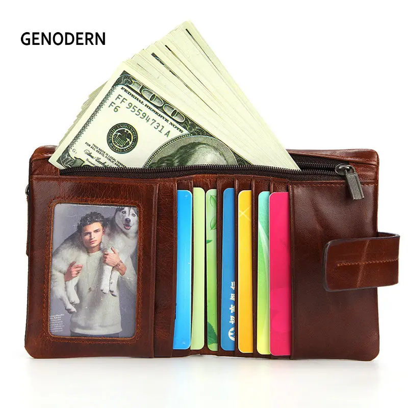 Carteira de Couro Genuíno para Homens com Zíper Genodern Curto Moeda Bolso Fivela Desgin Vertical Masculino Bolsa Carteiras