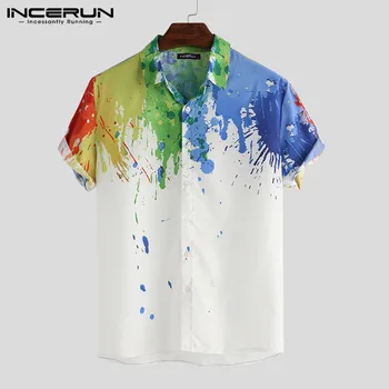 

Fashion Men Brand Shirt Splashed Ink Print Short Sleeve Lapel Neck Streetwear Business Casual Shirts Men INCERUN Tops 2019 S-5XL