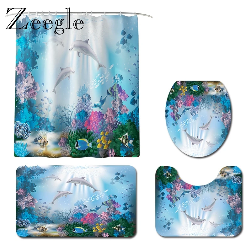 Zeegle Bath Mat Set Waterproof Toilet Shower Curtain Polyester Non-slip Modern Floor Carpet Lid Cover | Дом и сад
