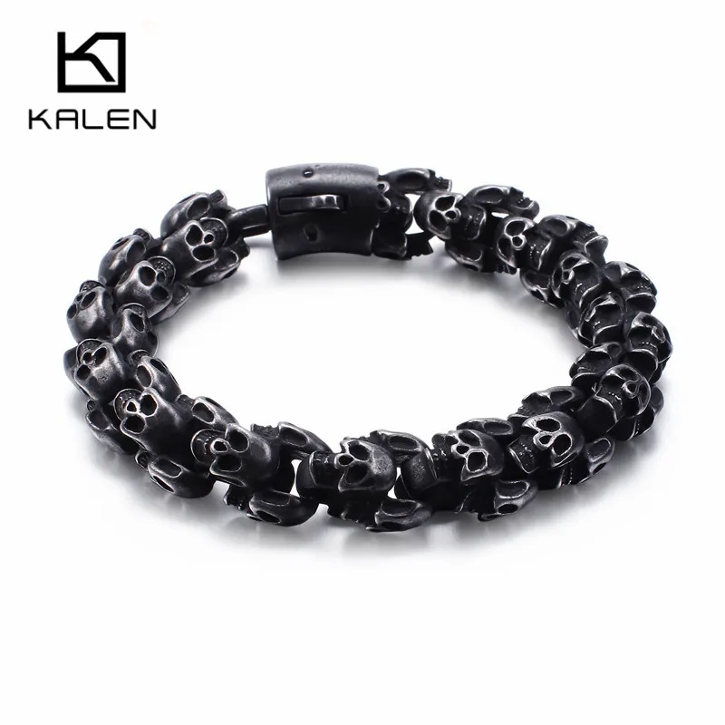 Baratos Pulseras grandes de acero inoxidable de calaveras brillantes para hombre, pulsera de esqueleto Punk para chico, joyería de moda, el mejor regalo para hombres grandes