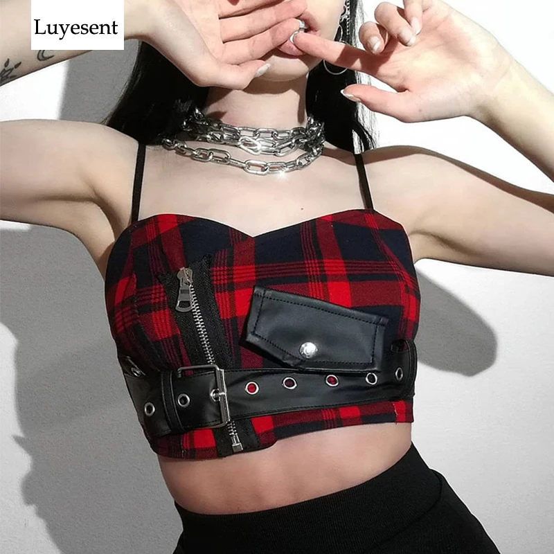

Punk Woman Straps Sexy Short Vest 2020 Summer Crop PU Buckle V Neck Zip Sashes Belt Gothic Chic Rock Camis Red Black Plaid Top