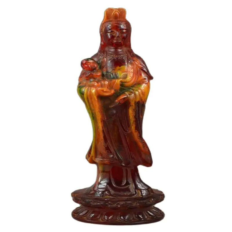 China Handwork Rare Old Decoration amber carving kwan-yin statue 15 cm* 
