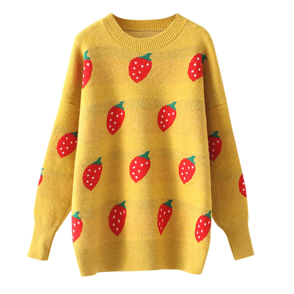 

feitong plus size sweater dress Lady Long Sleeve Casual Strawberry Print Versatile Loose Knit sweaters women autumn sweater#g35