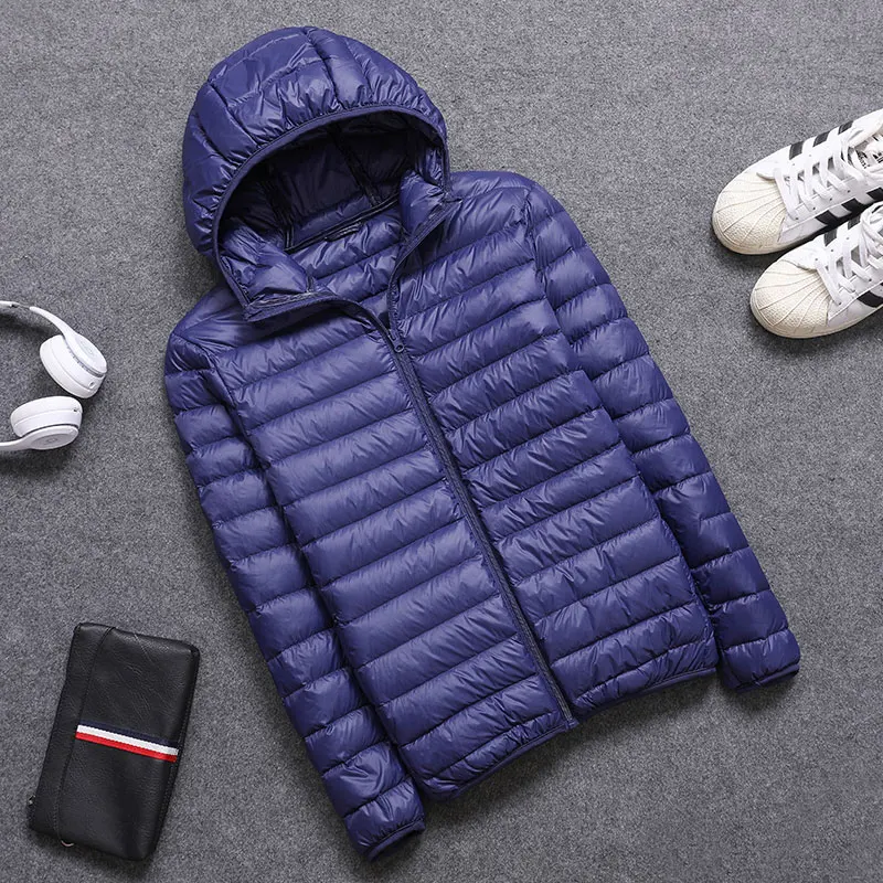 Plus Size S-5XL Mens Hooded Jacket Coat 90% Duck Down Filler Ultra Light Spring Autumn Male Winter Warm Coat+ Portable Bag - Цвет: Тёмно-синий