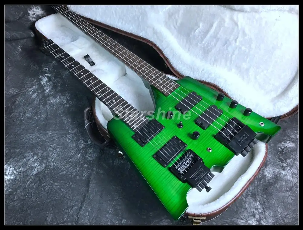 D-D1 Double Neck Headless Electric Guitar And bass Black Hardware Flamed Maple Top veneer Set in Joint