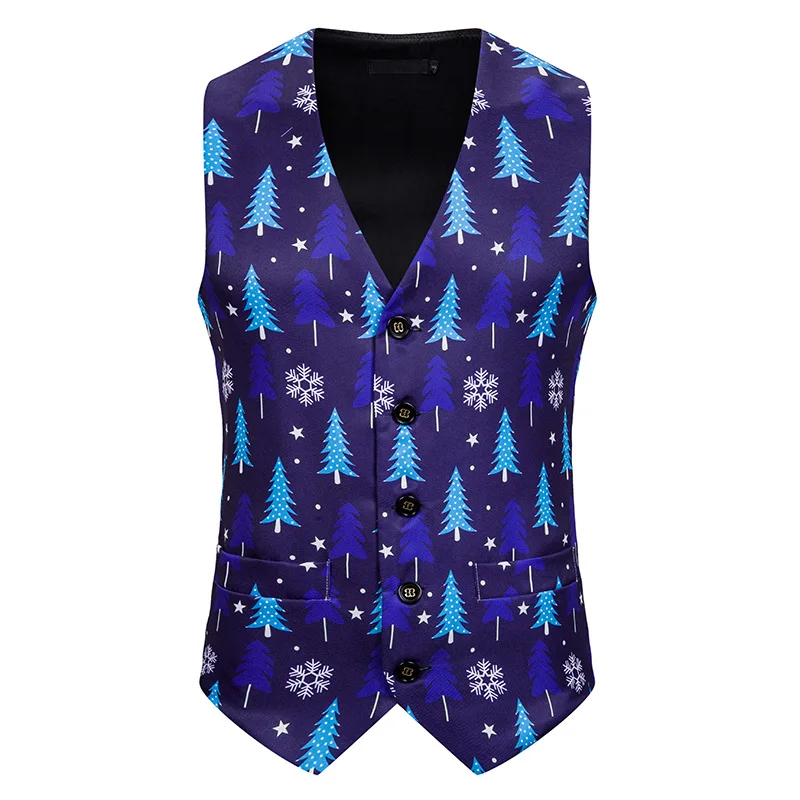 Christmas Tree Print Vest Men 2022 Brand Slim Fit Single Breasted Vests
