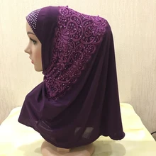 H1333 latest muslim one piece pull on hijab with lace and beads islamic amira muslim scarf arabic headwrap