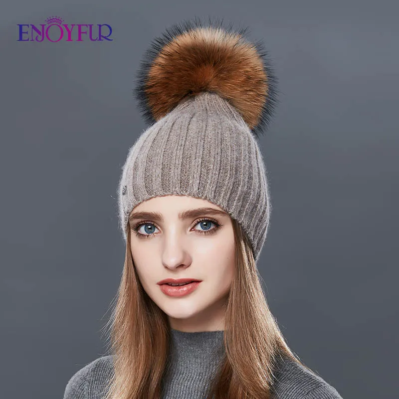 Enjoyfur мода вертикальные полосы зима Шапки для Для женщин кашемир вязаная шапка женская высокое качество Мех pom осень теплая шапочка