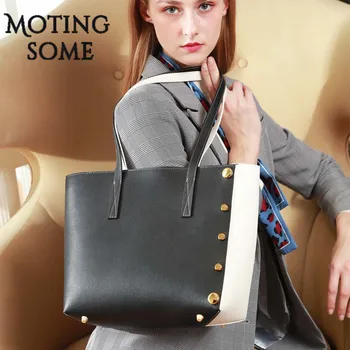 

Panelled Color Napa Genuine Leather Women Tote Bag with Rivet Natural Leather Luxury Designer Female Elegant Handbag Totes 2021