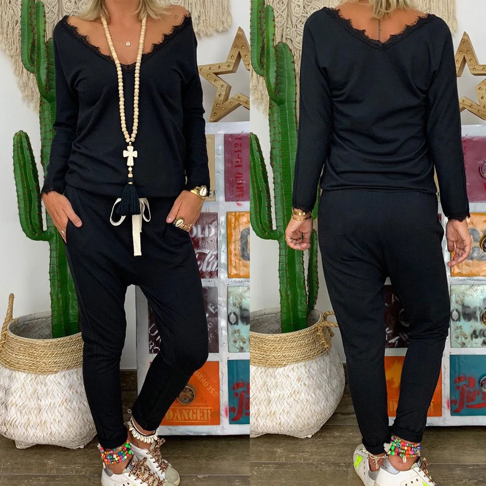 

Women 2 Piece Set V Neck Lace Leggings Long Sleeve Woman Set Streetwear