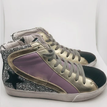 

2020 New Gold Powder Silver Sequins Distressed Middle And High Top Stars Small Dirty Shoes With Increased Zipper Trend Shoes