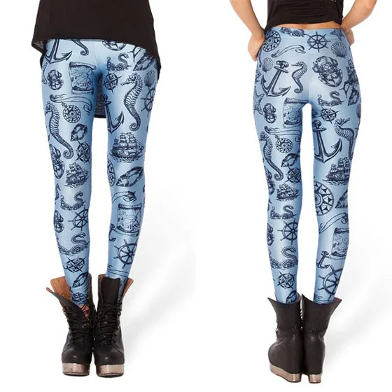 

Europe And America Star Digital Printing Blue Navigator Slim Fit Leggings Capri Pants Leggings