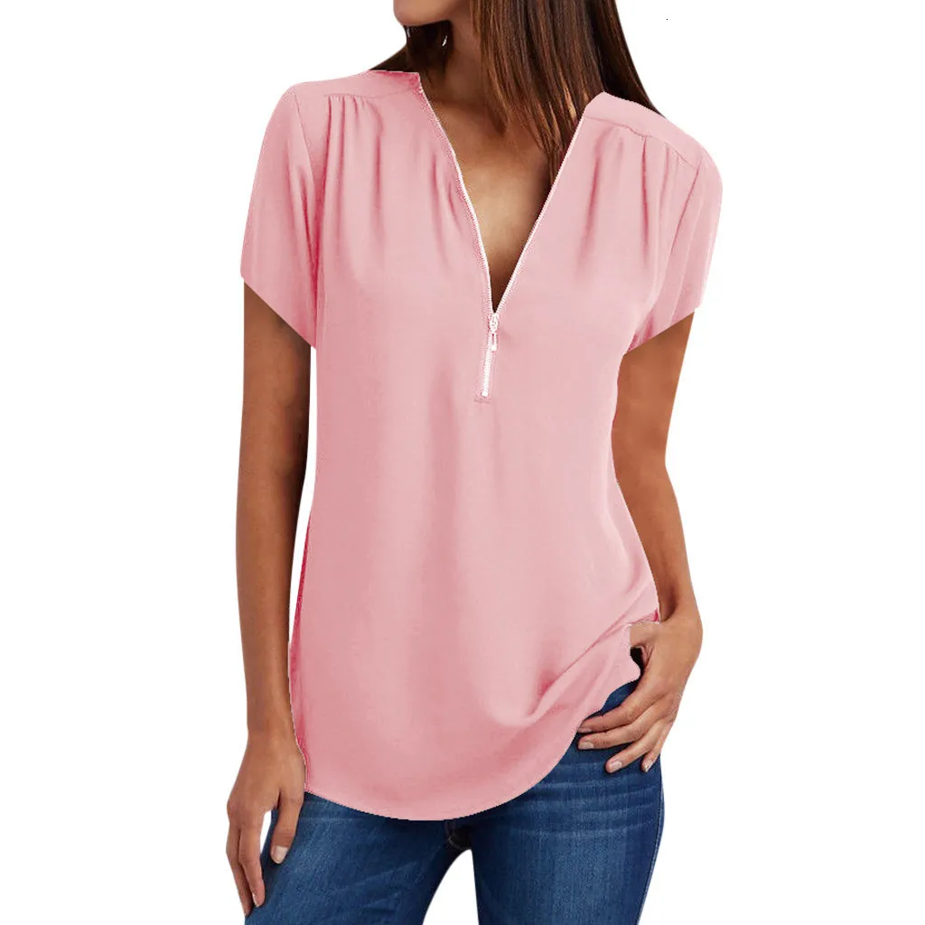 Women Blouse Casual Tops Shirt Ladies V Neck Zipper Loose Shirt Blouse Tee Top Casual Loose Womens Tops And Blouses Camisas #3$