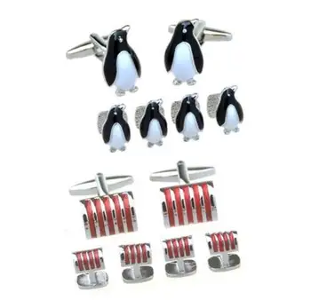 

5Sets/lot Novelty Enamel Penguin Tuxedo Cufflinks Collar Studs 6pcs/Set Arch Shape Red Strips Cuff Links Stud Set Men's Jewelry