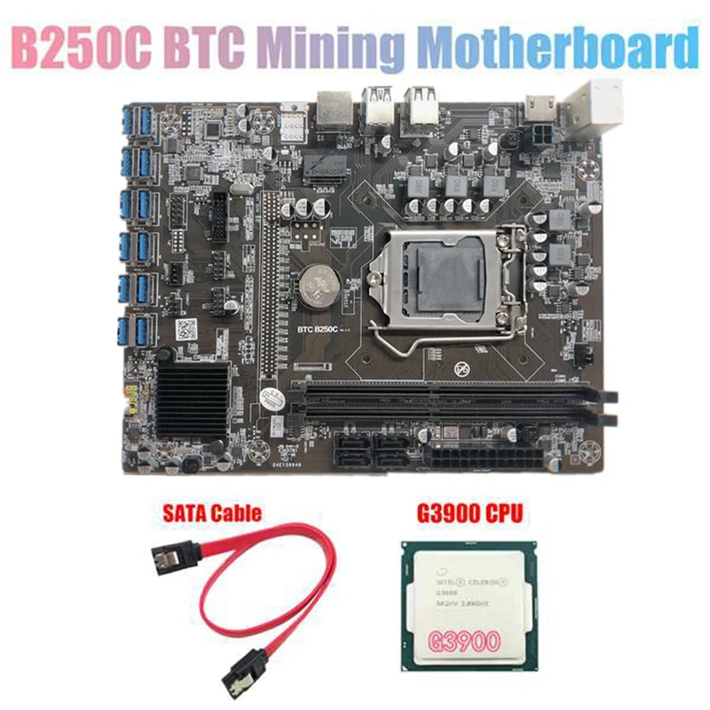 Материнская плата B250C для майнинга BTC с процессором G3900 + кабелем SATA графический